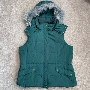 Talbots Puffer Vest Womens Large Petite Green Down Fill Removable Hood Fur Lined